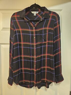 Old Navy Black Plaid Long Sleeve Button-Up Top with Red and Blue Stripes